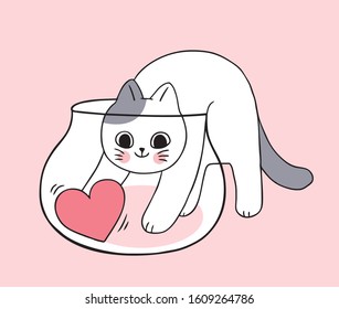 Cartoon cute Valentines day  cats playing heart in bottel vector.