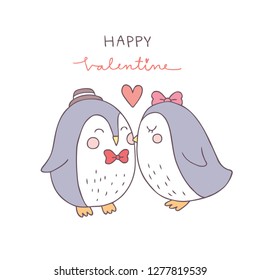 Cartoon Cute Valentines Day Couple  Penguin Kiss Vector.