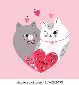 Cartoon cute Valentines day couple  cats in shape heart vector.