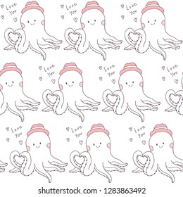 Cartoon cute Valentines day octopus and love seamless pattern vector.