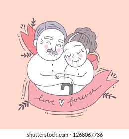 Cartoon cute Valentines day older couple and love vector.