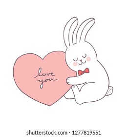 Cartoon cute Valentines day rabbit and heart vector.