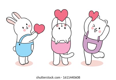 Cartoon cute Valentines day rabbit and cat and bear playing hearts vector.