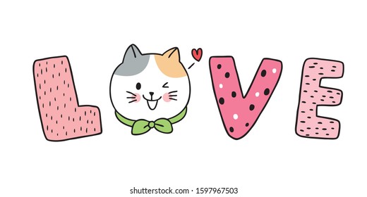 Cartoon cute Valentines day white cats text love vector.