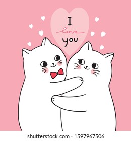 Cartoon cute Valentines day white cats lover vector.