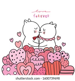 Cartoon cute Valentines day white cats lover kissing vector.