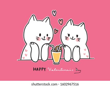 Cartoon cute Valentines day white cats lover kissing vector.