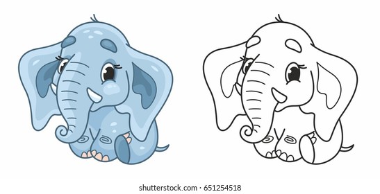 Cartoon cute vector blue elephant. Elephant baby. Vector illustration for kids. Black outline