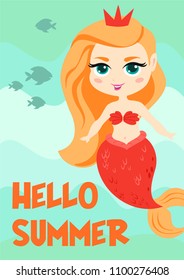 Cartoon cute vector card with little mermaid. Summer poster.