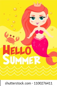 Cartoon cute vector card with little mermaid. Summer poster.