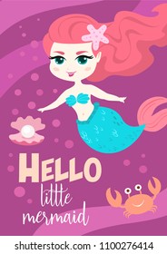 
Cartoon cute vector card with little mermaid. Summer poster.
