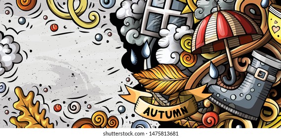 Cartoon cute vector colorful hand drawn doodles Fall season background. Autumn banner design.