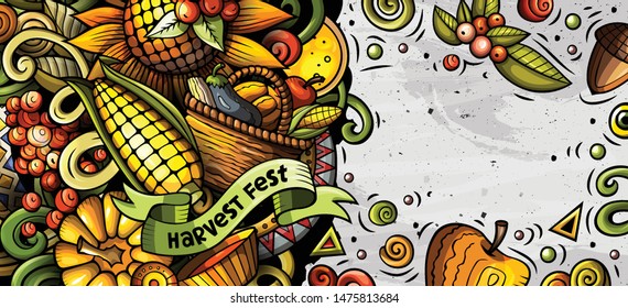 Cartoon cute vector colorful hand drawn doodles Fall season background. Autumn banner design.