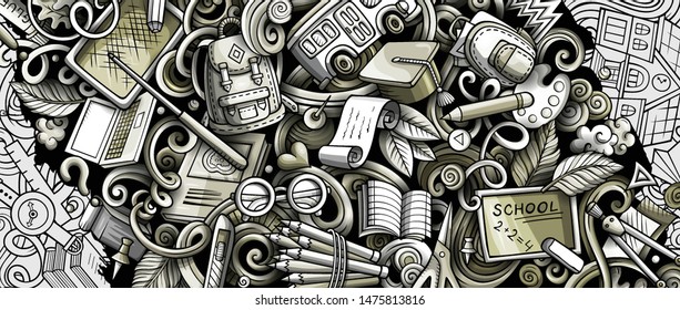 Cartoon cute vector colorful hand drawn doodles School background. Education banner design.
