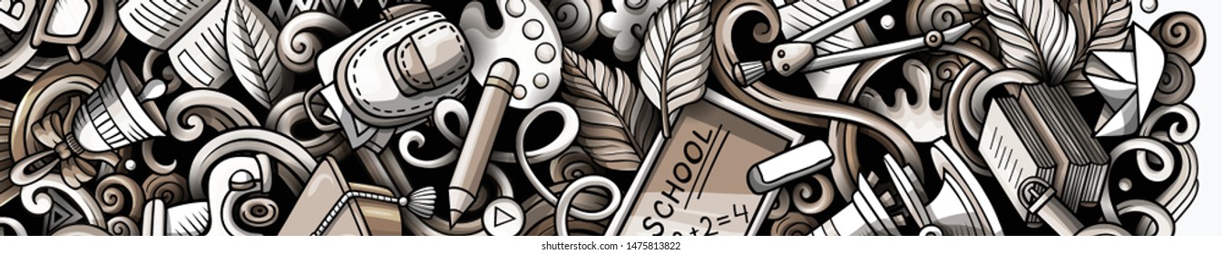 Cartoon cute vector colorful hand drawn doodles School background. Education banner design.