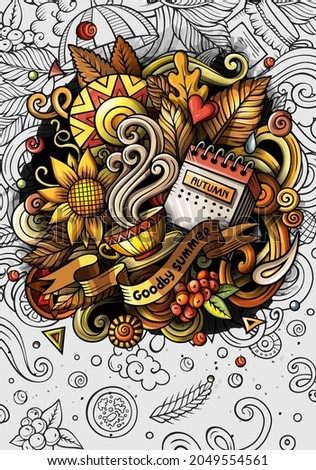 Cartoon cute vector colorful hand drawn doodles Fall season background. Autumn banner design.