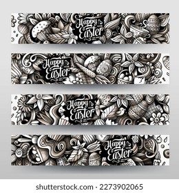 Caricatura lindo vector garabatos Feliz Pascua identidad corporativa. Diseño de 4 banners horizontales monocromos. Conjunto de plantillas