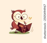 A cartoon cute vector flat owl isolated illustration. Funny and Smart animal character in glasses, kids print. A forest bird is reading a book.