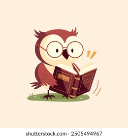 A cartoon cute vector flat owl isolated illustration. Funny and Smart animal character in glasses, kids print. A forest bird is reading a book.