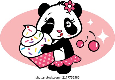 Cartoon, cute, vector, girl panda with pink skirt ,holding a cup of ice cream. Colorful design for print t-shirt, poster and kids envelope, postcard.