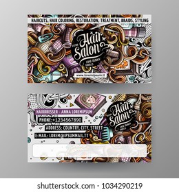 Cartoon cute vector hand drawn doodles Hair salon corporate identity. 2 identity cards template design