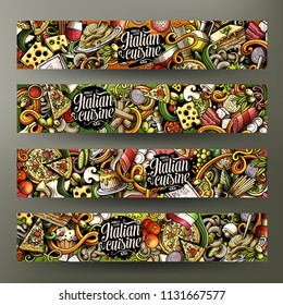 Cartoon cute vector hand drawn doodles italian food corporate identity. 4 horizontal banners design. Templates set