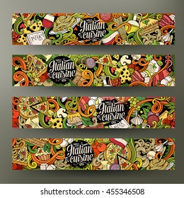 Cartoon cute vector hand drawn doodles italian food corporate identity. 4 horizontal colorful banners design. Templates set