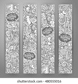 Cartoon cute vector hand drawn doodles wedding corporate identity. 4 vertical banners design. Templates set