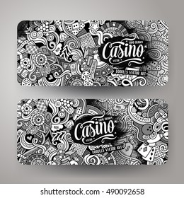 Cartoon cute vector hand drawn doodles casino corporate identity. 2 Horizontal banners design. Templates set