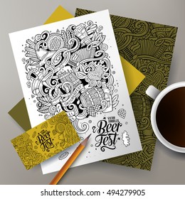 Cartoon cute vector hand drawn doodles Beer corporate identity set. Templates design of business card, flyers, posters, papers on the table.