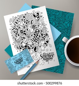 Cartoon cute vector hand drawn doodles Science corporate identity set. Templates design of business card, flyers, posters, papers on the table.