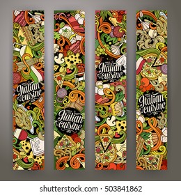 Cartoon cute vector hand drawn doodles italian food corporate identity. 4 Vertical colorful banners design. Templates set