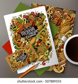 Cartoon cute vector hand drawn doodles Mexican food corporate identity set. Templates design of business card, flyers, posters, papers on the table.