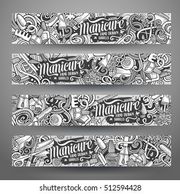 Cartoon cute vector hand drawn doodles Nail salon corporate identity. 4 horizontal banners design. Templates set