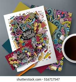 Cartoon cute vector hand drawn doodles Handmade corporate identity set. Templates design of business card, flyers, posters, papers on the table.