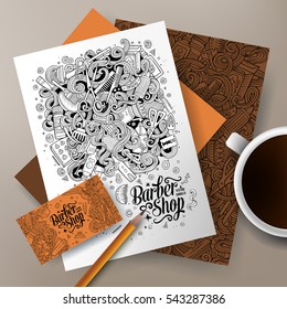 Cartoon cute vector hand drawn doodles Hair salon corporate identity set. Templates design of business card, flyers, posters, papers on the table