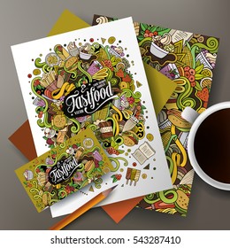 Cartoon cute vector hand drawn doodles Fastfood corporate identity set. Templates design of business card, flyers, posters, papers on the table