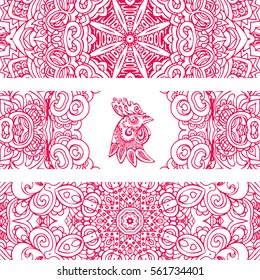 Cartoon cute vector hand drawn doodles. horizontal banners design. Templates chinese year of rooster set