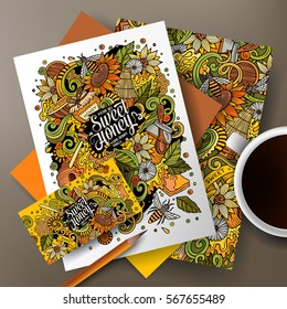 Cartoon cute vector hand drawn doodles Honey corporate identity set. Templates design of business card, flyers, posters, papers on the table. 