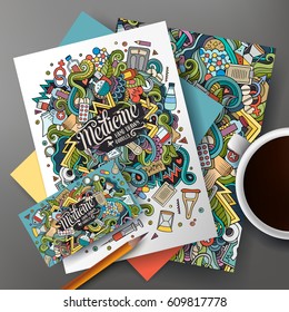 Cartoon cute vector hand drawn doodles Medical corporate identity set. Templates design of business card, flyers, posters, papers on the table