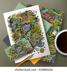 Cartoon cute vector hand drawn doodles Eco cars corporate identity set. Templates design of business card, flyers, posters, papers on the table.