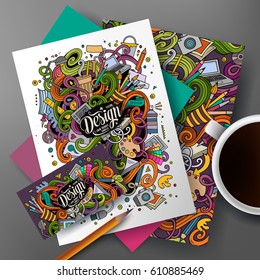 Cartoon cute vector hand drawn doodles Designer corporate identity set. Templates design of business card, flyers, posters, papers on the table.