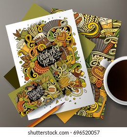 Cartoon cute vector hand drawn doodles Beer corporate identity set. Templates design of business card, flyers, posters, papers on the table.