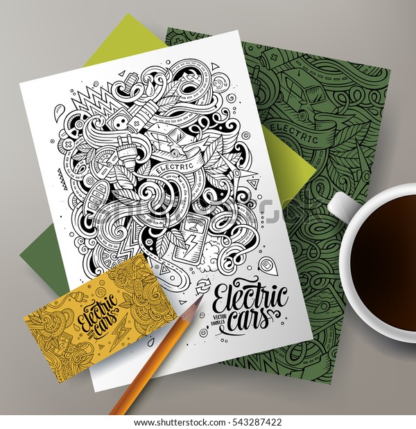 Cartoon cute vector hand drawn doodles Eco cars\
corporate identity set. Templates design of business card, flyers,\
posters, papers on the\
table.