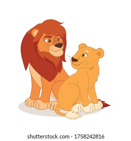 Cartoon cute vector happy lion and  lioness couple sitting on the white background. Kind lion Vector illustration. African animals character. Family of lions vector.