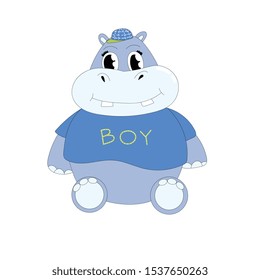 Cartoon cute vector hippo in a blue t-shirt and cap.