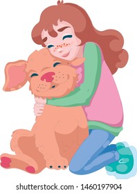 Cartoon cute vector illustration card design little girl hugging puppy smiling friendship holding dog animal together