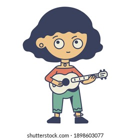 Cartoon cute vector illustration. Girl with acoustic guitar. Music notes.