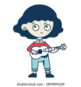 Cartoon cute vector illustration. Girl with acoustic guitar. Music notes.