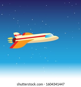 Cartoon cute vector illustration of plane in blue stratosphere, atmosphere, almost in space. Airplane flying in a sky, turbo plane, jet in stratosphere, vector illustration